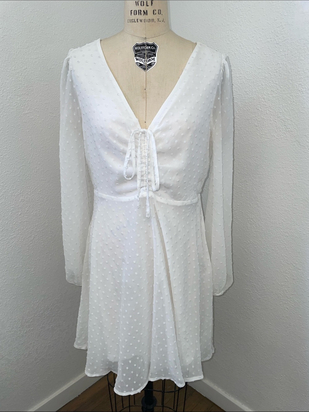 White Swiss Dot Long Sleeve Midi Dress